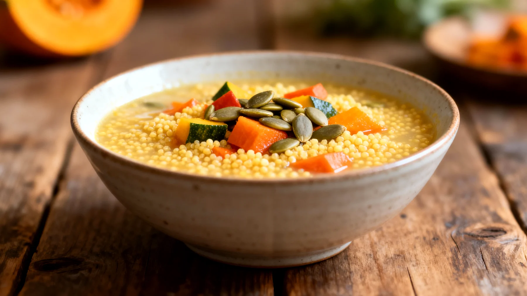 Zuppa di miglio con verdure di stagione e semi di zucca"