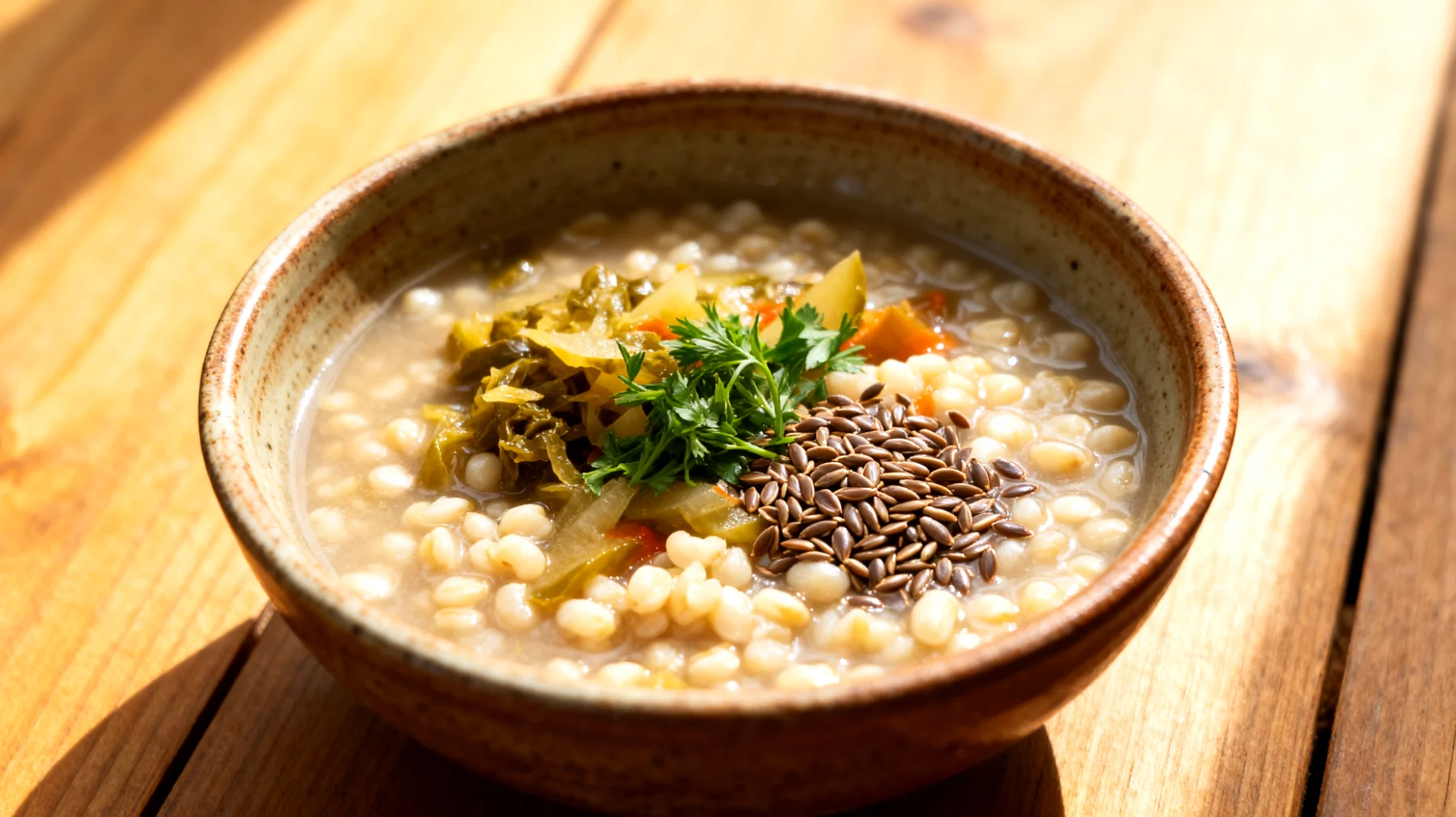 Zuppa di orzo perlato con verdure fermentate e semi di lino"